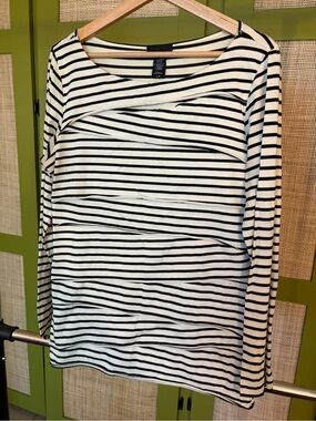 Apostrophe Black and White Striped Long-Sleeve Boatneck Top